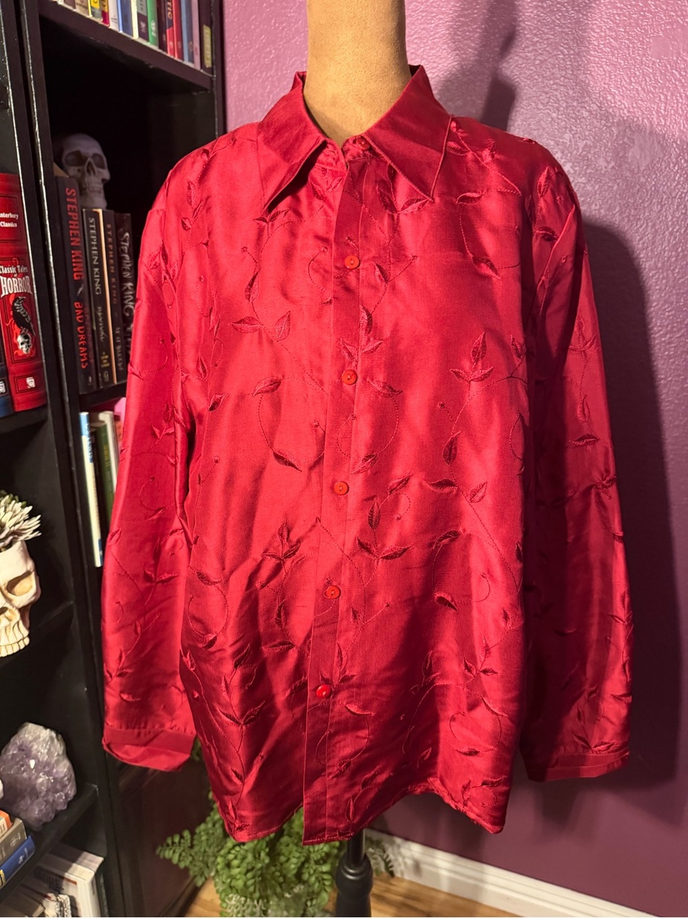 SilkLand Red Satin Embroidered Button-Up Top- 100%embroidered silk